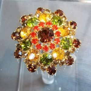 Vintage brooch round dome faceted Colorful rhinestones 3d